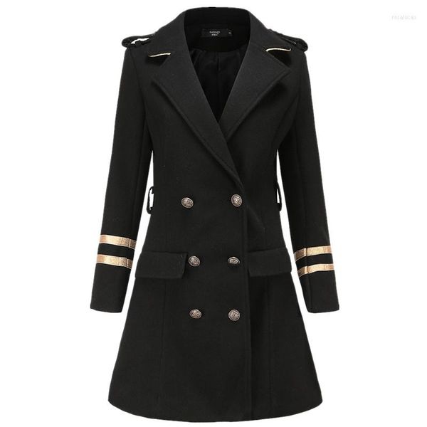 Женская шерсть черная двухбортная эполетса в стиле военного стиля шерстяное пальто женщины 2023 Осенние зимние смеси с утолщением