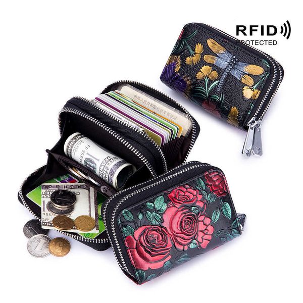 Кошельки мода RFID Women Holder Split Leather Double -Zipper Card Корпус большой емкость 3D цветочные отпечатки леди -кошельки Pursel230303