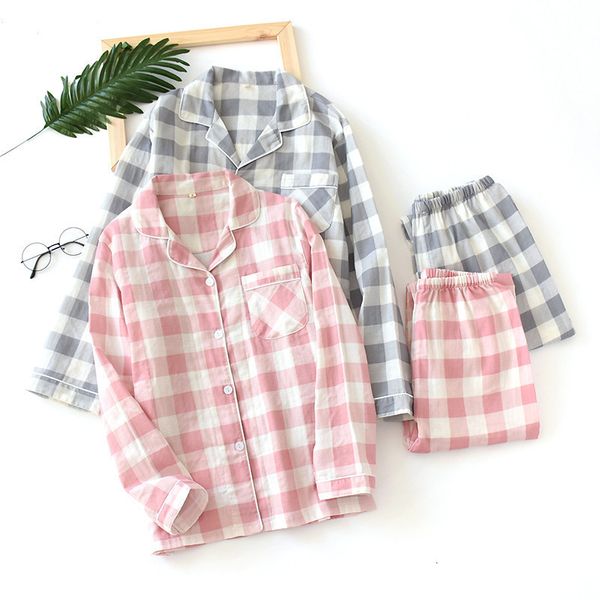 Pigiama da donna Fashion plaid 100% garza di cotone amanti pigiama set donna uomo primavera manica lunga giapponese pigiama da notte casual Homewear 230303