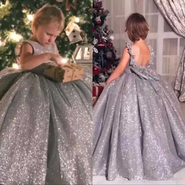 Glitzernde Pailletten-Blumenmädchenkleider mit Rundausschnitt, Ballkleid, Vintage-Festzug-Kleider für Kinder, wunderschön für Hochzeiten, maßgeschneidert