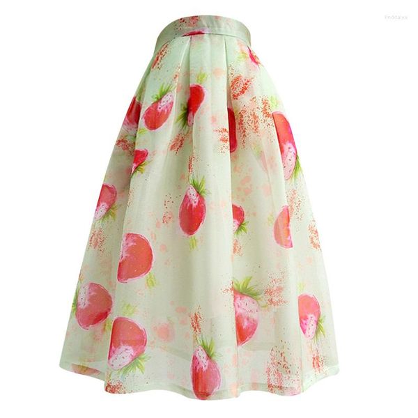 Saias 2023 Verão Vintage Organza Strawberry Print Ball Salia Mulheres Mulheres na altura do joelho