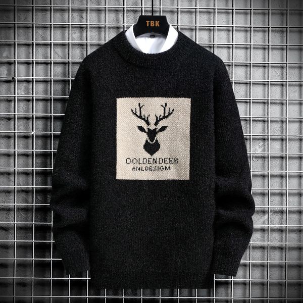 Camisolas masculinas outono vintage oversized homens de malha veados impressão pulôver hip hop harajuku branco acolchoado veludo 230302