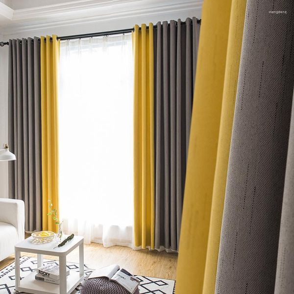 Vorhang nordische gelbe Leinenvorhänge für Wohnzimmer, Schlafzimmer, Fenster, grau, fertig konfektioniert
