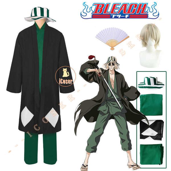 Anime-Kostüme Anime Bleach Urahara Kisuke Cosplay Come Wig Black Green Cloak Haori Outfit Bucket Hat Fan ThousandYear Blood War for Men Z0301