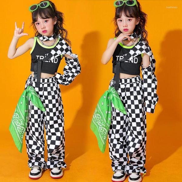 Stage Wear Kids Teen Kpop Kpop Hip Hop Crop Crop Top Tank Vest Casual Streetwear Pants de carga xadrez para meninas Jazz Dance Costume roupas