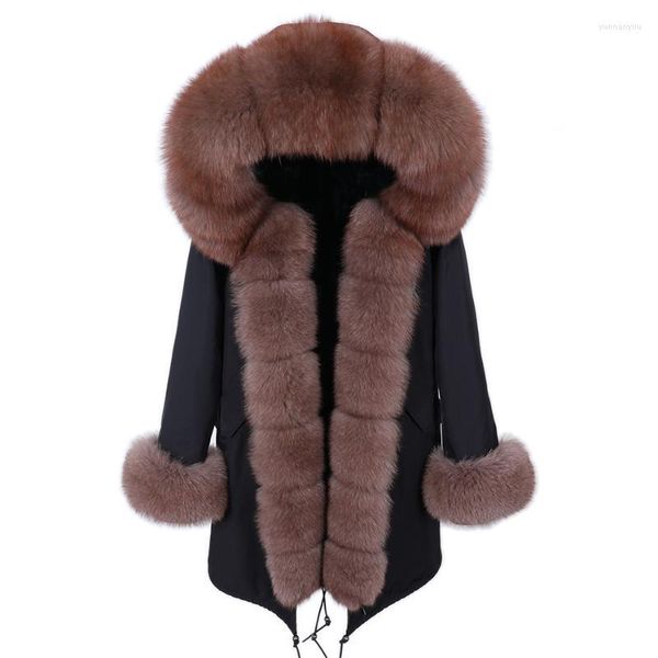 Kadın Kürk Faux Maomaokong 2023 Moda Doğal Gerçek Yaka Siyah Ceket Parka Kışlı Sıcak Palto Büyük Dış Giyim Kazanları Kadın