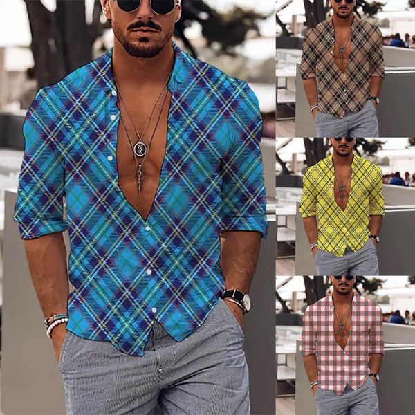 T-shirt da uomo da uomo casual manica lunga primavera estate collo rovesciato camicetta top moda stampata 3D camicia bianca ampia