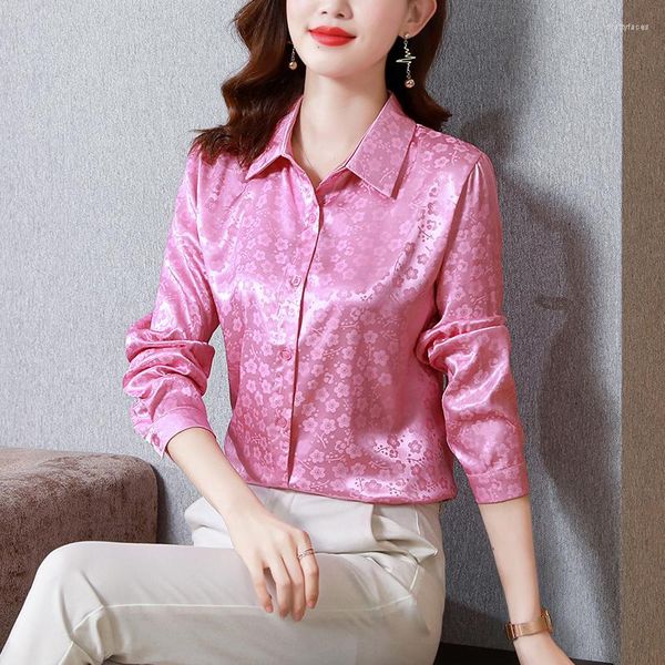 Camicette da donna Moda coreana Seta Rosa Manica lunga Jacquard Designer Donna Bavero Camicie con bottoni Primavera Autunno Office Lady Runway Top