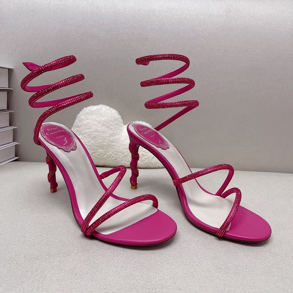 Rene Crystal lamp Snake Strass Sandals женские туфли на шпильках Кожаные шпильки на каблуке с шипами Роскошные дизайнеры Обувь с запахом на щиколотке для женщин фабричная обувь