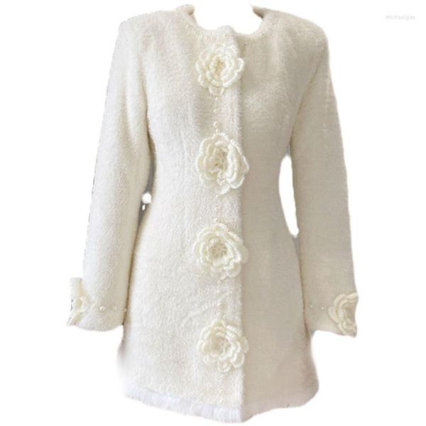 Cappotto da donna in lana di visone autunno inverno in lana da donna O-collo tessuto a mano bianco moda sottile Wasit caldo lungo capispalla