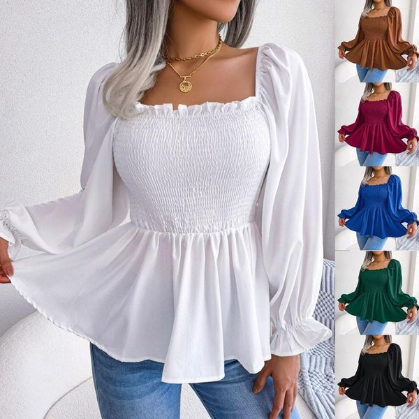 Bloups feminina Pearl embelezada saia miscelada tampeias casuais pescoço quadrado manga longa árvore branca chiffon botão pequena camisa mulher mulher