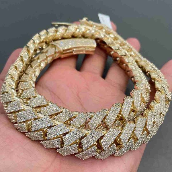 Hip Hop Luxury Miami Cuban Chain 22mm Width Three Rows Moissanites Miami Cuban Prong Set Full Iced Out Cuban Link Chain Necklace