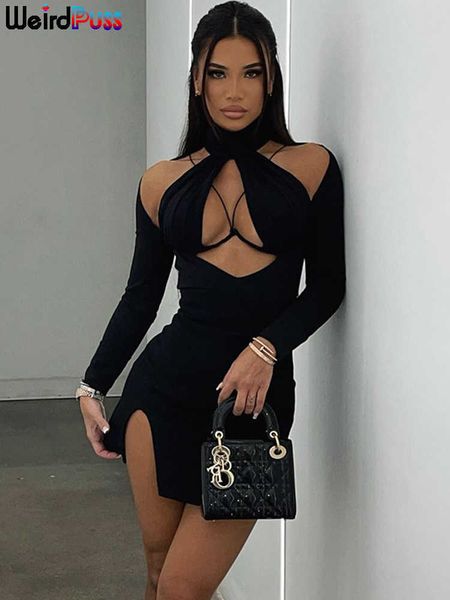 Lässige Kleider Weird Puss Hollow Wrap Sexy Kleid Frauen Langarm Herbst Trend Rollkragen Seite Split Mini Bodycon Geburtstag Party Slim Clubwear Z0216