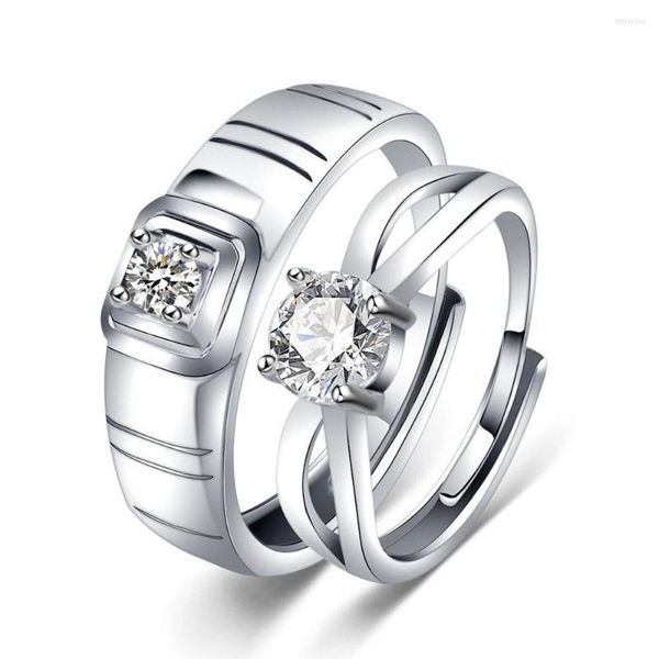 Hochzeit Ringe 1 Paar Einfache Klassische Kupfer Überzogene Silber Offene Personalisieren Kristall Ring Paar Männer Frauen Finger Schmuck Großhandel Drop