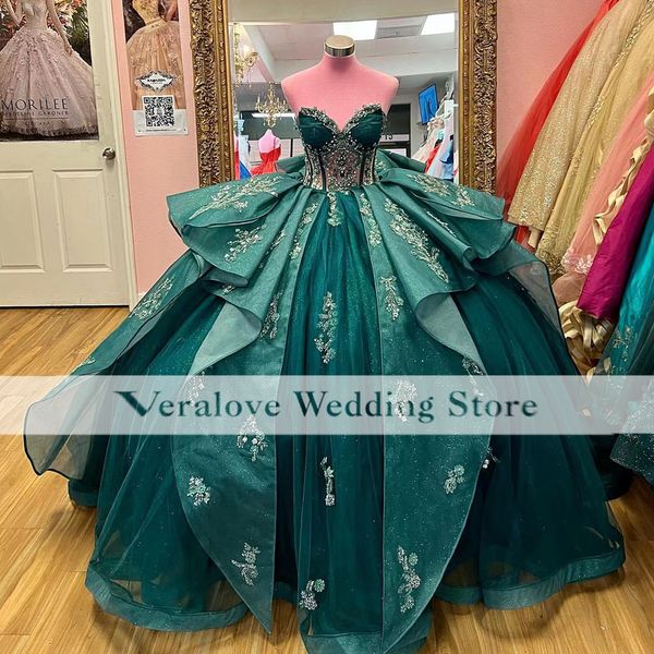 Темно -зеленые платья Quinceanera с съемным поездом Applique Mexican vestidos de 15 Anos Sweet 16 театрализованных платье