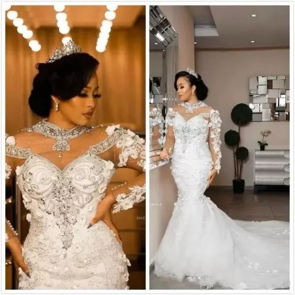 Arabisch Aso Ebi Luxuriöse Spitze Perlen Kristalle Brautkleider Sheer Neck Brautkleider Meerjungfrau Brautkleider Nach Maß Plus Größe