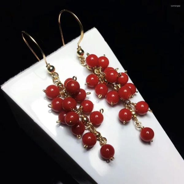 Ohrhänger, natürliches Material, rote Koralle, Tropfen 9 Karat Gold, für Damen, Hochzeit, edler Schmuck