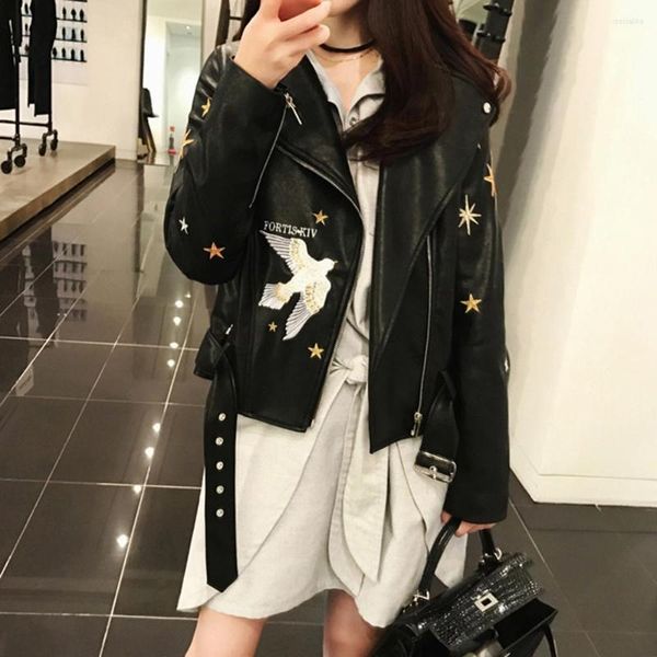 Bordado de couro feminino PU Autumn Black Coat Women Bird Star