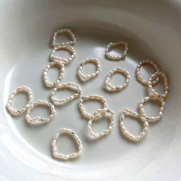 Kadınlar için yeni basit düğün nişan yüzükleri doğal tatlı su inci 925 Sterling gümüş boncuklar elastik yüzük