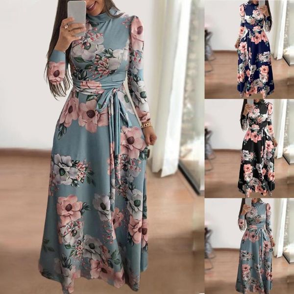 Vestidos casuais mulheres elegantes maxi vestido floral com manga longa pescoço redondo cinto grande para namoro senhora de escritório