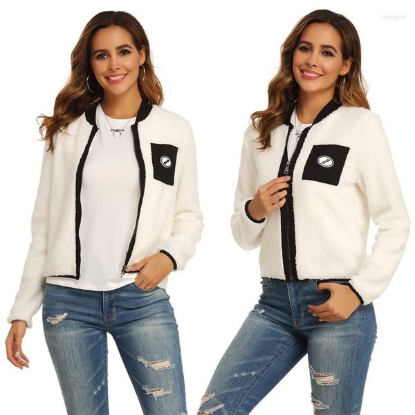 Jackets femininos 2023 Autumn e Winter Pluxh Color Solid Fashion Jacket Women Coat Baseball White Slim Short feminino W885