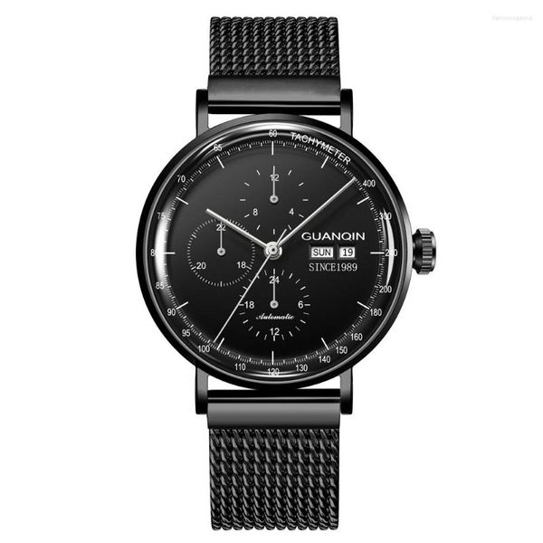 Relojes de pulsera GUANQIN-Retro Mesh Belt Reloj mecánico automático para hombre Accesorios de cuerda Suplemento deportivo Relogio Masculino