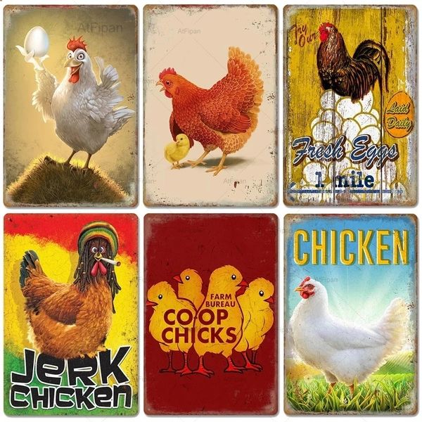 Jeek Chicken Vintage Painting Chicken Picture Plates Gallo Galline Targhe in metallo Targa retrò per Bar Pub Fattoria Decorazione della parete della casa Targhe in metallo personalizzate Dimensioni 30X20 w01