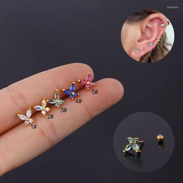 Orecchini a bottone 1 PZ Carino piccolo zircone blu Farfalla Piercing all'orecchio Cartilagine Polsino Clip Semplice Colore oro Barretta d'acciaio Gioielli orecchino