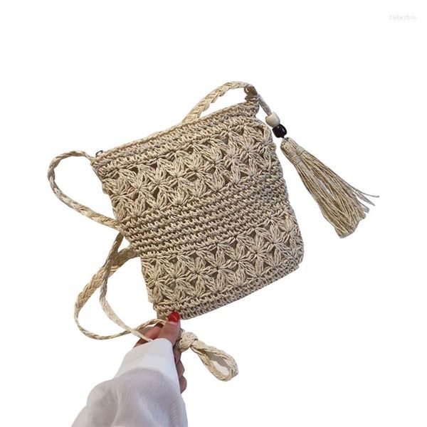 Abendtaschen Frauen Strand gewebt Stroh Schulter Umhängetasche mit Quaste Boho aushöhlen häkeln Umhängetasche Handtasche Makramee Geldbörse