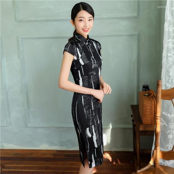 Roupas étnicas altas divididas sexy slim cheongsam senhora cetim cetim vintage estilo chinês vestido de festa noturno mandarim colar grande tamanho 3xl vestidos