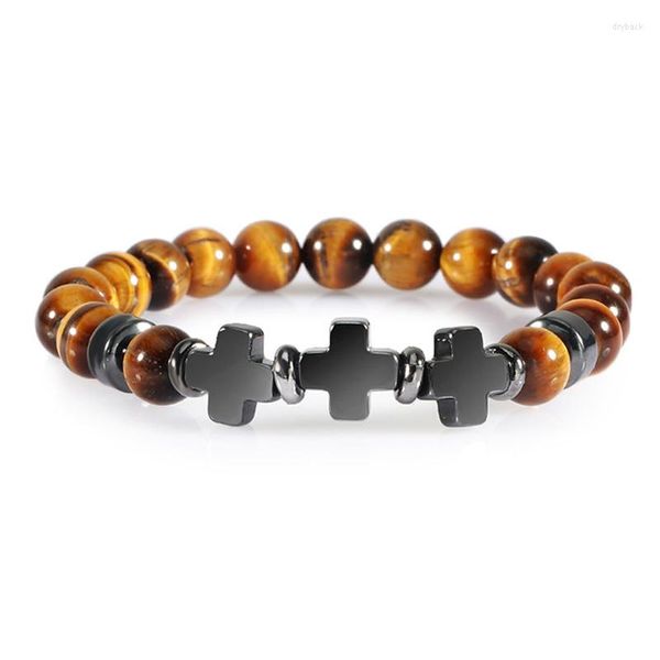 Strand Uomo Bracciale con perline naturali 8mm Occhio di tigre Nero opaco Pietra lavica Croce Braccialetti con ematite Braccialetti per le donne Gioielli con ciondoli Pulseras