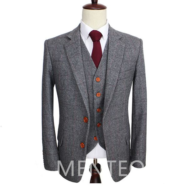 Herrenanzüge, Blazer, grauer Tweed, Wolle, Herrenanzüge für den Winter, 3-teilig, formelle Hochzeit, Bräutigam, Smoking, männlich, Business-Mode, Kostüm, Jacke, Weste mit Hosen, 230303