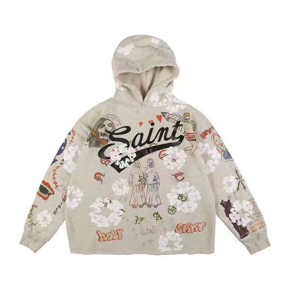 2023 Saint Cropped Felpa con cappuccio Michael Graffiti invecchiati dipinti a mano con cappuccio Ins Maglione Graffiti unisex