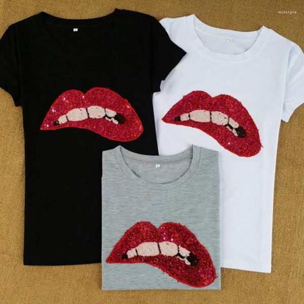 Frauen T Shirts Frauen Pailletten Lippen Rundhals Kurzarm T-shirt Camisetas Mujer