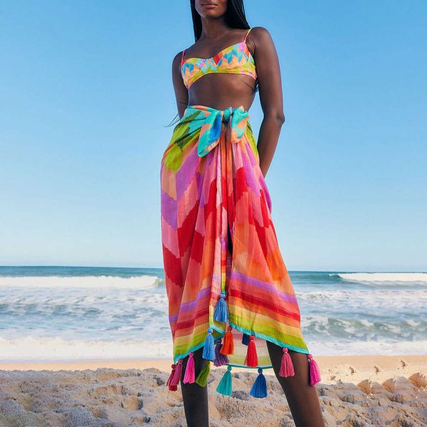 Kadın Mayo 2023 Moda Renkli Baskı Zarif Tek Parça Mayo Seksi Mikro Bikinis Yaz Plajı Giyim Colorblock Sling Chic Mayo Sırtsız T230303