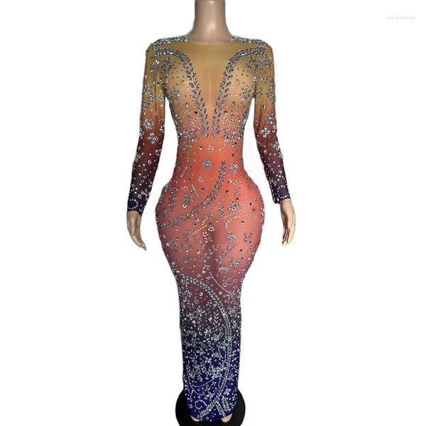 Bühnenkleidung Sparkly Bunte Strass Kristalle Langes Kleid Frauen Sexy Mesh Transparent Geburtstag Feiern Abend Abendkleid