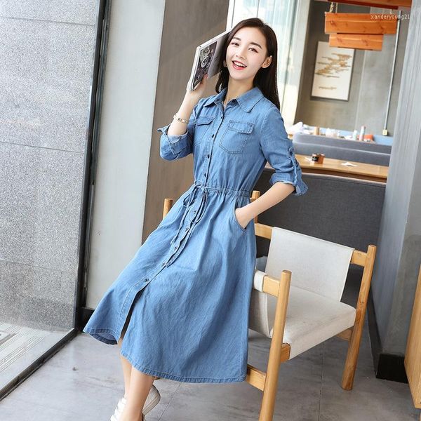 Casual Kleider 2023 Frauen Denim Marke Mode Sommer Damen Dünne Drehen Unten Kragen Lange Büro Party Elegante Lose Jeans Kleid