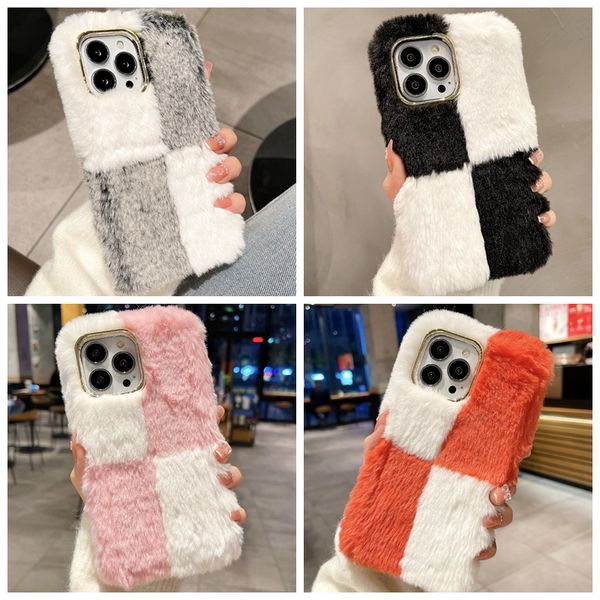 Capas de cor híbrida fuzzy de pele fofa para iphone 15 14 pro max 13 12 11 x xs xr 8 7 plus i15 moda cabelo pelúcia macio tpu menina senhora mulheres cromado metálico telefone capa traseira pele