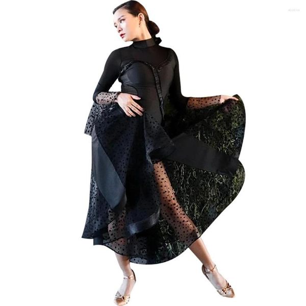 Palco desgaste preto vestidos modernos mulheres adultas baile salão prática vestido de pescoço alto dança de valsa padrão longa