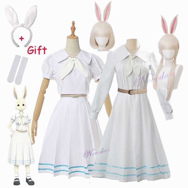 Anime Kostüme Anime Beastars Haru Cosplay Come Uniform White Rabbit Animal Cute Kawaii Kleid und Perücke für Frauen Mädchen Z0301