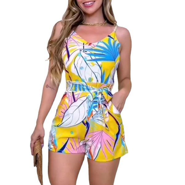 2023 Novos trajes femininos de salto feminino SNE0349 Designer suspensórios de verão Impressão de folhas de uma peça de calça casual calças de moda casual desgaste de rua