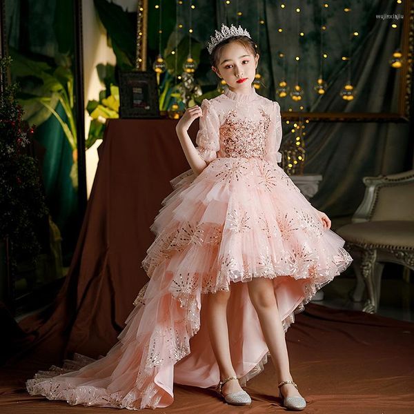 Mädchenkleider für Teenager-Mädchen, formelles Partykleid, Kinder-Pailletten-Tutu, Prinzessinnenkleid, kleiner Cocktail und Abend, rosa, klassisch, hoch niedrig