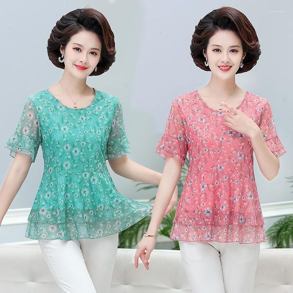 Damenblusen Sommer Vintage Süße Frauen Chiffon Bluse Hemd Oansatz Kurzarm Weibliche Tunika Lässige Blumen Kimonos Kleidung 5X