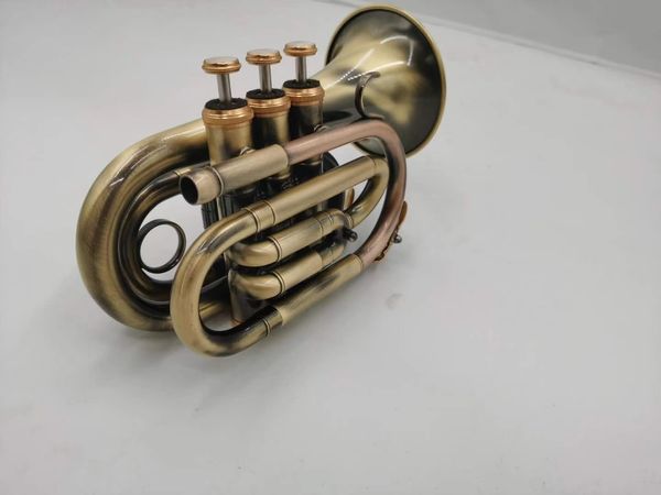 Popolare Mini Pocket Trumpet Bb Flat Brass Materiale Strumento a fiato in rame antico con custodia per il trasporto di guanti per bocchino