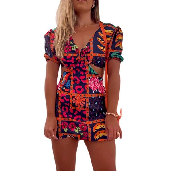 Frauen Sommer neues Designerkleid V-Ausschnitt Kurzarm Rücken Schnürung rückenfrei Gürtel Shorts Kleid sne0356 sexy Anti-Lumineszenz Laternenärmel Kleider