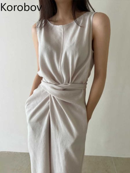 Lässige Kleider Koreanische Version Vintage Modisches Kleid Reife Büro Dame Sommer Robe Ärmellos Einfarbig Temperament Sanfte Anmut Vestido Z0216