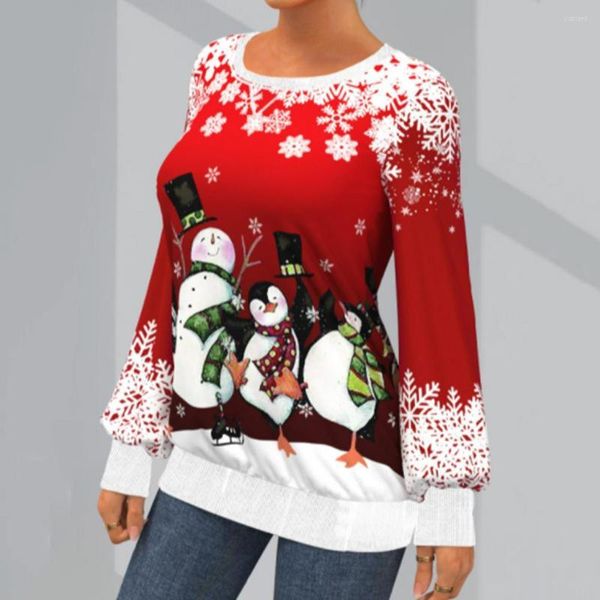 Blouses femininas Lady Chic Christmas Top Mangas compridas Padrão de floco de neve quente e macio