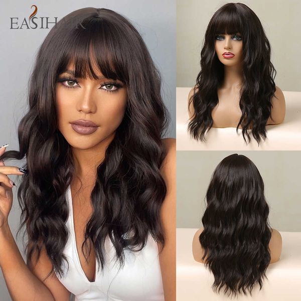 Sentetik peruklar Easihair Patlamalı Koyu Kahverengi Peruklar Wavy Bob Wig Su Dalgası Sentetik Kadınlar Günlük Partisi Cosplay Kullanım 230227