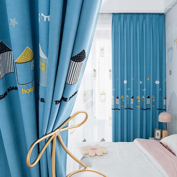 Cortina de cortina azul cortinas da casa para crianças quarto de jardim de infância do jardim de estar da sala de estar bordada com cortinas brancas