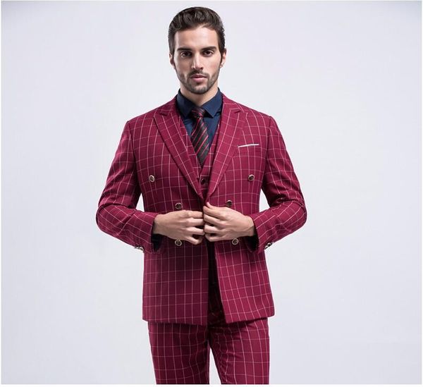 Erkekler Klasik Tasarım Şarap Çizgileri Izgara Damat Smokin Modern Fit 3 Parça Takım Set Düğün Takımları (Ceket Pantolon Yelek) Besspoke Blazers